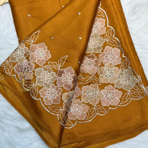 Tussar silk saree in rust mustard color with floral embroidery, embroidered pallu, lightweight silk saree for festive and occasion wear