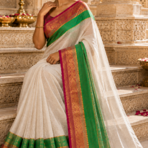 women wearing mul cotton saree with kanchi border