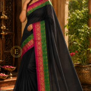 wome wearing black mul cotton saree with kanchi border