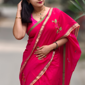 Pink mul cotton saree with lotus embriodery