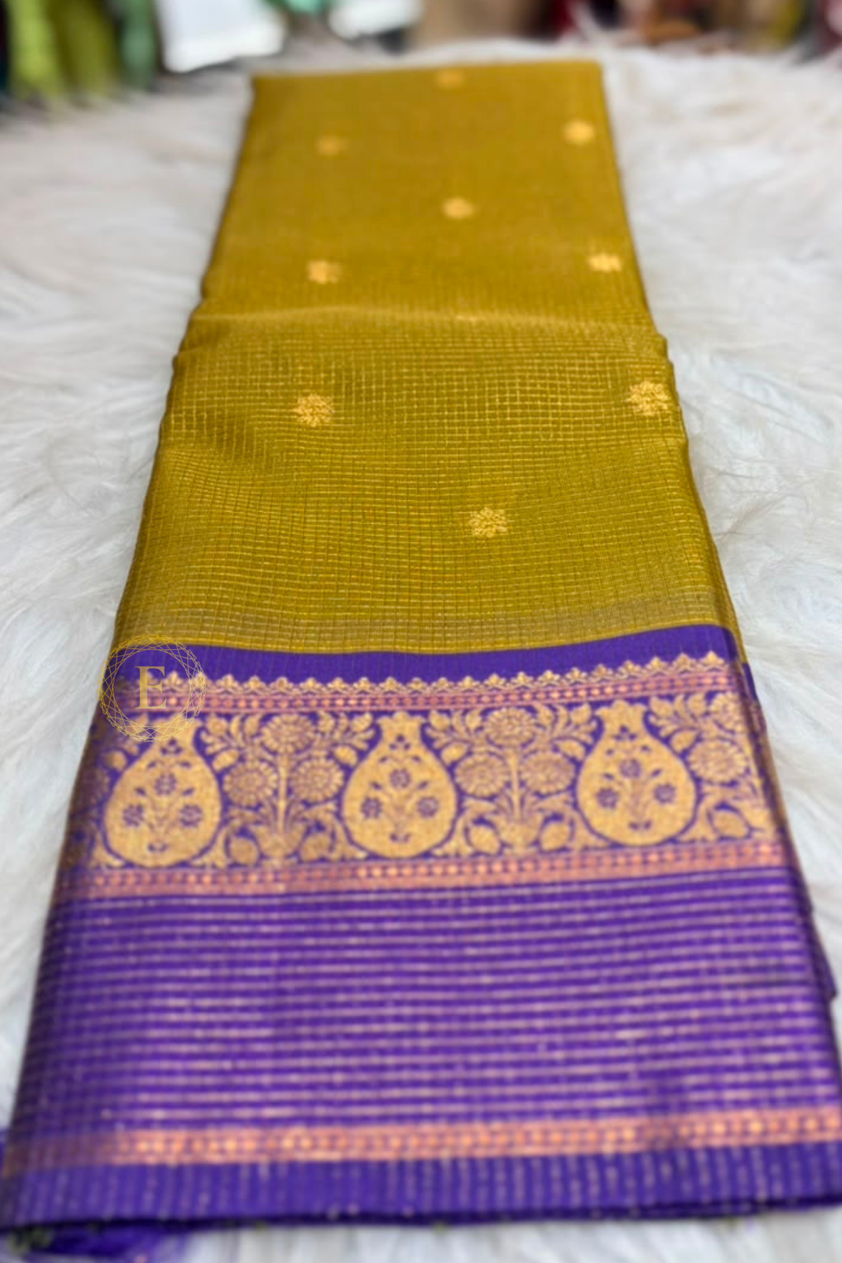 Moong Green Semi kanchipattu with vintage checks
