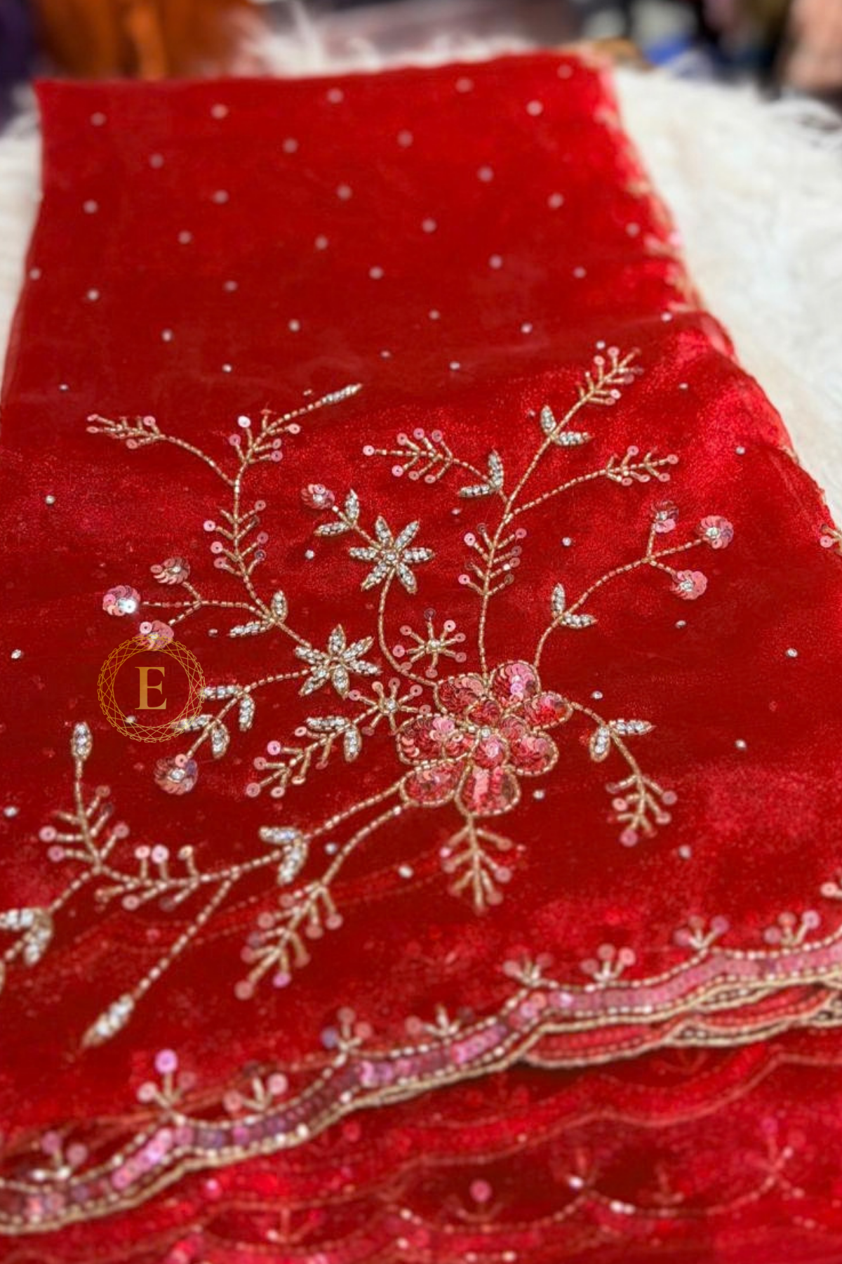 Red Tissue designer saree