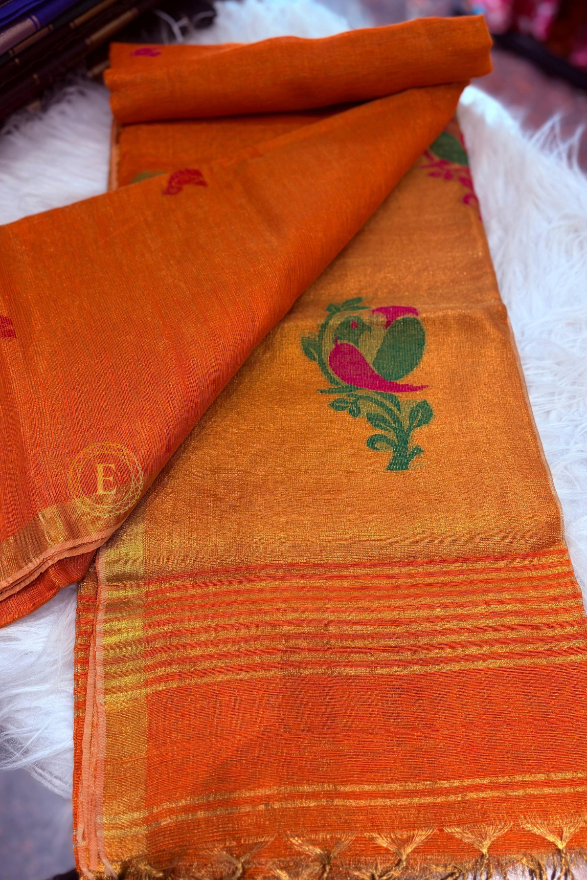 Linen Tissue Saree with Bird Weaving - Image 2