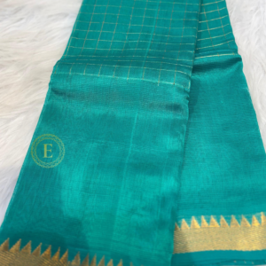 Pure Mangalagiri teal green handloom saree with golden zari checks and traditional gold zari border