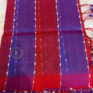 Maroon and purple handloom saree with red vertical stripes and traditional woven design | Ekira